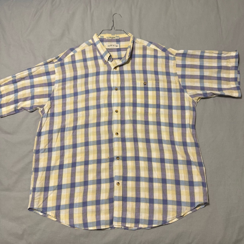 Orvis Men's Casual Blue and Cream Plaid Shirt